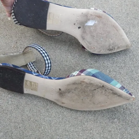 J Crew Mixed Gingham &amp; Madras Plaid Ankle Strap d'Orsay Flats Size 6