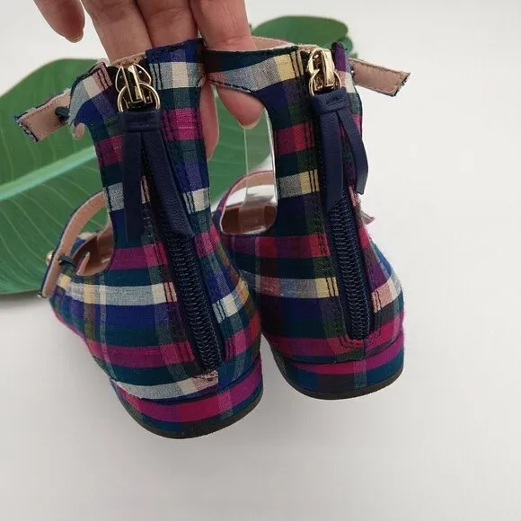 J Crew Poppy Plaid 2 Ankle Strap Ballet Flats Size 8 Purple Madras Rare Festive