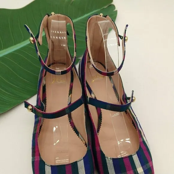 J Crew Poppy Plaid 2 Ankle Strap Ballet Flats Size 8 Purple Madras Rare Festive