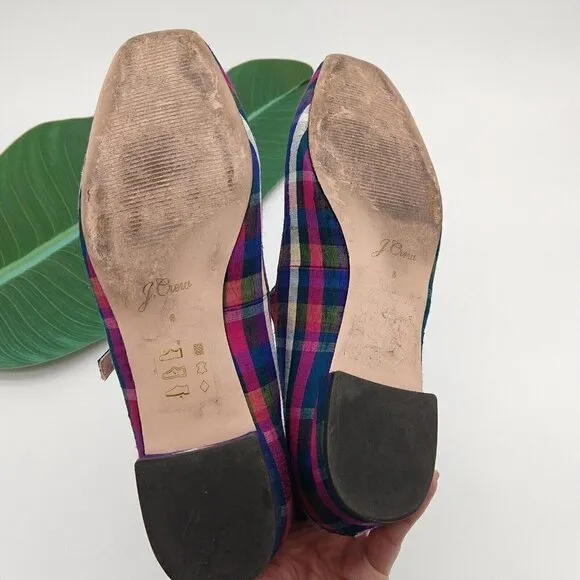 J Crew Poppy Plaid 2 Ankle Strap Ballet Flats Size 8 Purple Madras Rare Festive