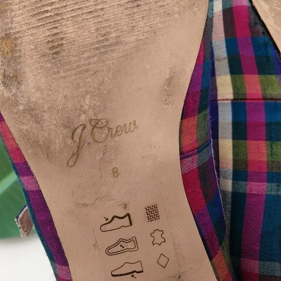J Crew Poppy Plaid 2 Ankle Strap Ballet Flats Size 8 Purple Madras Rare Festive