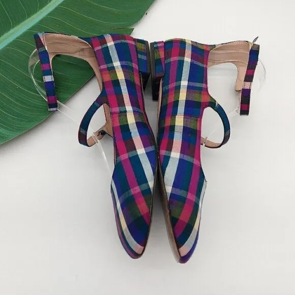 J Crew Poppy Plaid 2 Ankle Strap Ballet Flats Size 8 Purple Madras Rare Festive