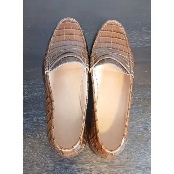 J. Crew Winona Loafers Croc-Embossed Leather Brown Women's Loafers Size 12