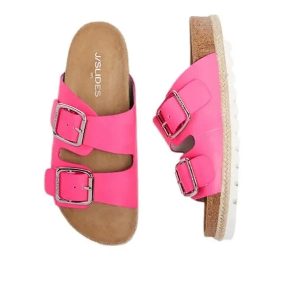 J Slides Women’s Sandals Pink Leighton Leather Upper Buckle Strap NEW
