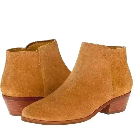 Jack Rogers Bailee Tan Suede Wood Heeled Classic Casual Zip Up Ankle Booties