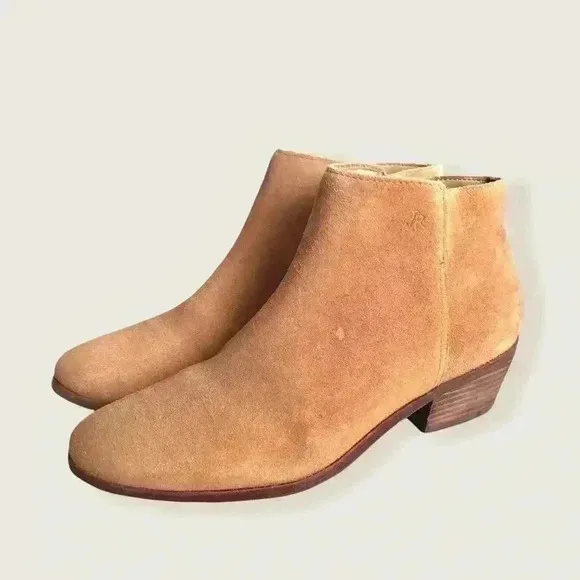 Jack Rogers Bailee Tan Suede Wood Heeled Classic Casual Zip Up Ankle Booties
