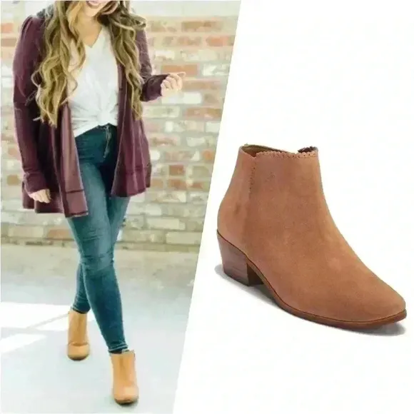 Jack Rogers Bailee Tan Suede Wood Heeled Classic Casual Zip Up Ankle Booties