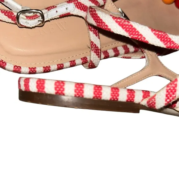 Jcrew red white stripe canvas pointy toe t strap sandals flats size 10