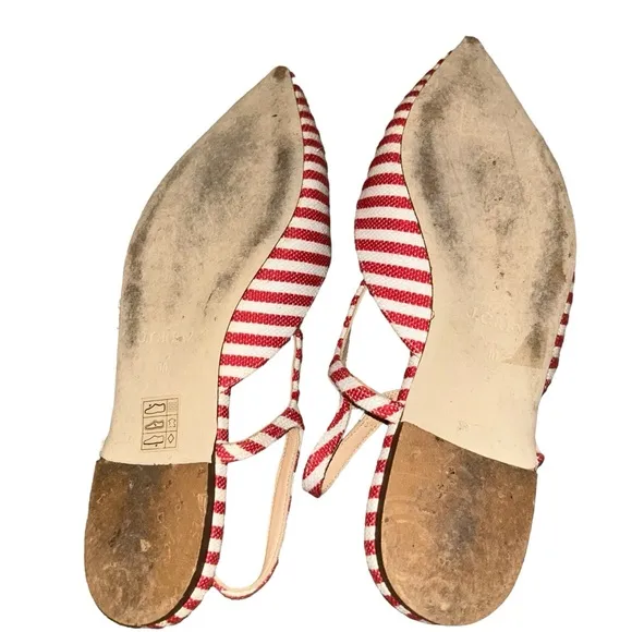 Jcrew red white stripe canvas pointy toe t strap sandals flats size 10