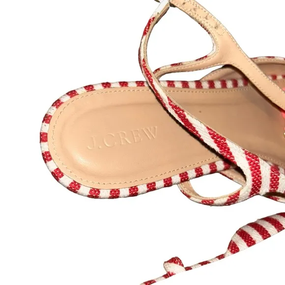 Jcrew red white stripe canvas pointy toe t strap sandals flats size 10