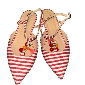 Jcrew red white stripe canvas pointy toe t strap sandals flats size 10