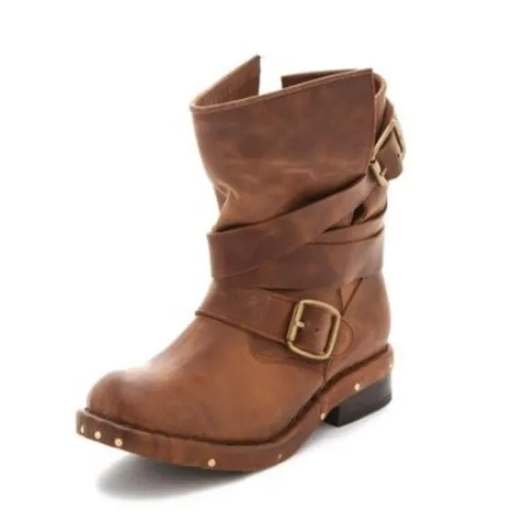 Jeffrey Campbell Brit Wrap Strap Boot - Brown Distressed Leather Women's Size 6
