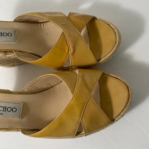 JIMMY CHOO Patent Leather Phyllis' Espadrilles Wedges Yellow-Tan Size 42 “as is”