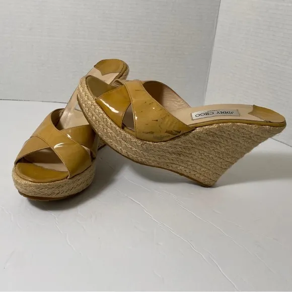 JIMMY CHOO Patent Leather Phyllis' Espadrilles Wedges Yellow-Tan Size 42 “as is”