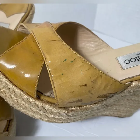 JIMMY CHOO Patent Leather Phyllis' Espadrilles Wedges Yellow-Tan Size 42 “as is”