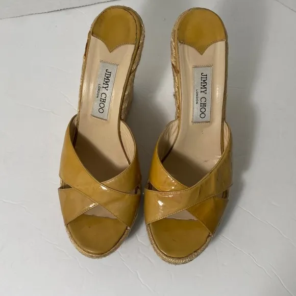 JIMMY CHOO Patent Leather Phyllis' Espadrilles Wedges Yellow-Tan Size 42 “as is”