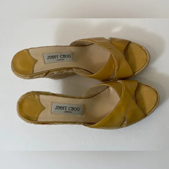 JIMMY CHOO Patent Leather Phyllis' Espadrilles Wedges Yellow-Tan Size 42 “as is”