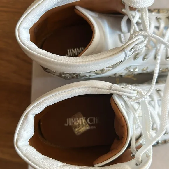 Jimmy Choo White High-Top Leather Sneakers with Star Accents
