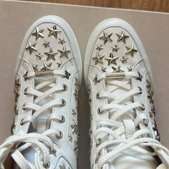Jimmy Choo White High-Top Leather Sneakers with Star Accents