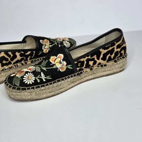 Johnny Was Embroidered Leopard Espadrille Floral Animal Print Women's Size 7.5