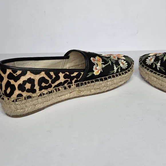 Johnny Was Embroidered Leopard Espadrille Floral Animal Print Women's Size 7.5