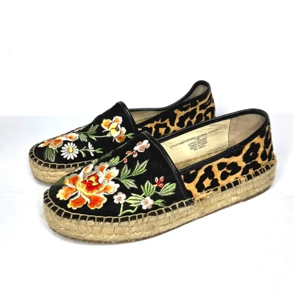 Johnny Was Embroidered Leopard Espadrille Floral Animal Print Women's Size 7.5