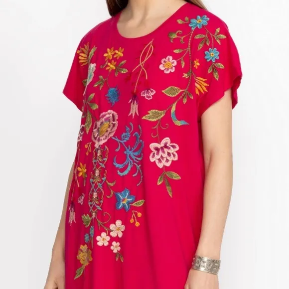 Johnny Was Red Sundress with Floral Embroidery 100% Cotton NWTS