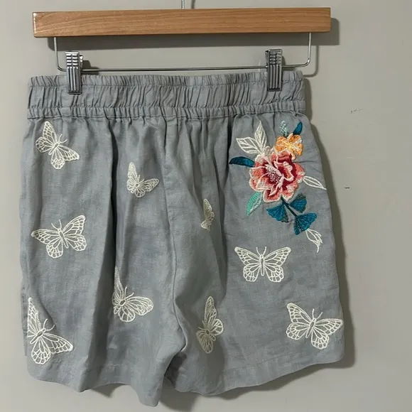 Johnny Was Short Embroidered Linen Butterfly Floral Drawstring Short Pockets XS