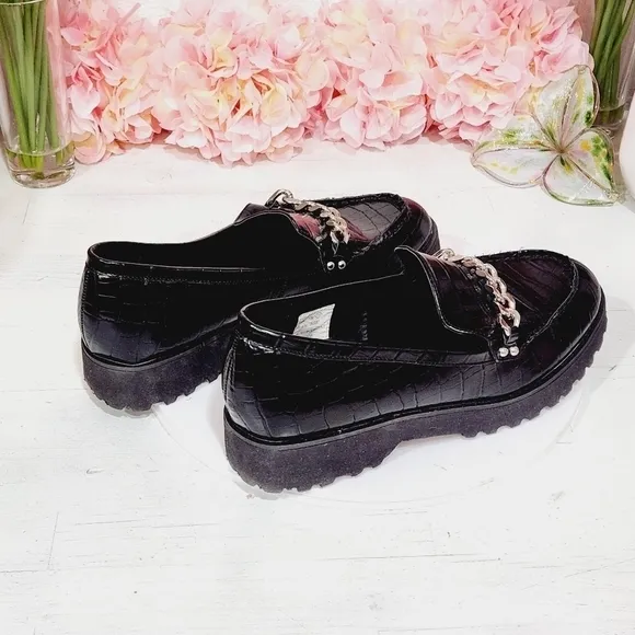JONES NY New Chunky Black Loafers Gold Chain Design