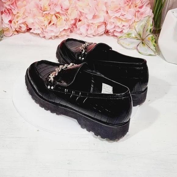 JONES NY New Chunky Black Loafers Gold Chain Design