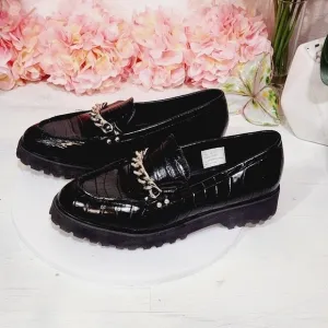 JONES NY New Chunky Black Loafers Gold Chain Design