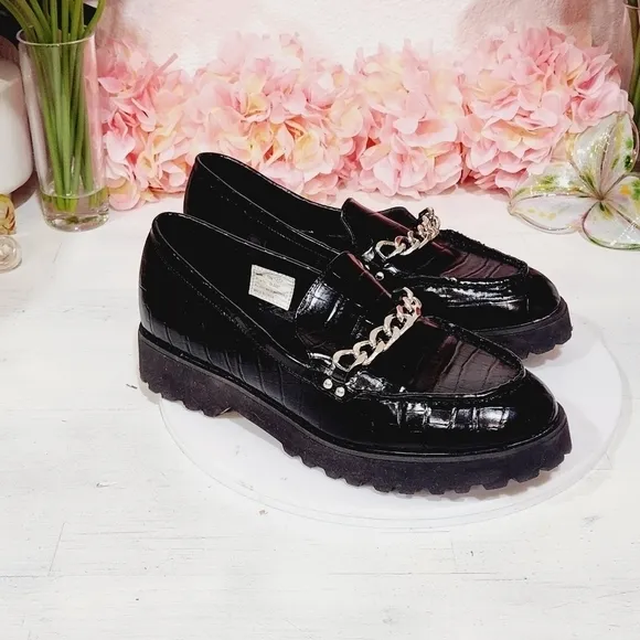 JONES NY New Chunky Black Loafers Gold Chain Design
