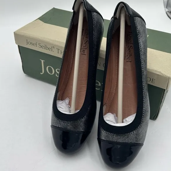 JOSEF SEIDEL WOMEN'S PIPPA SILVER BLACK PATENT LEATHER BALLET FLATS US5-5.5/EU36