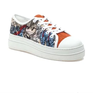 J/Slides Nikki Platform Sneaker Orange &amp; Blue Tropical Multi-Embroidered, Size 7
