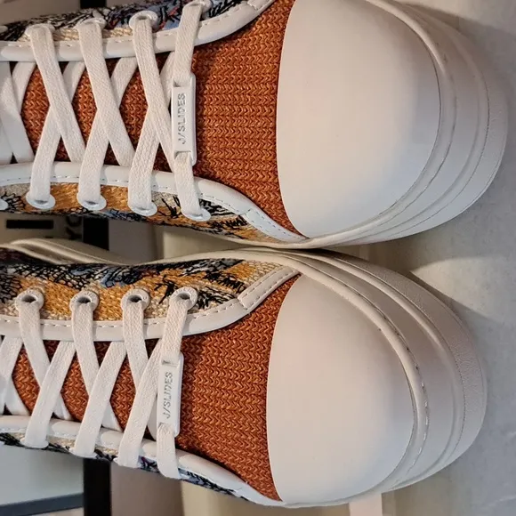 J/Slides Nikki Platform Sneaker Orange &amp; Blue Tropical Multi-Embroidered, Size 7