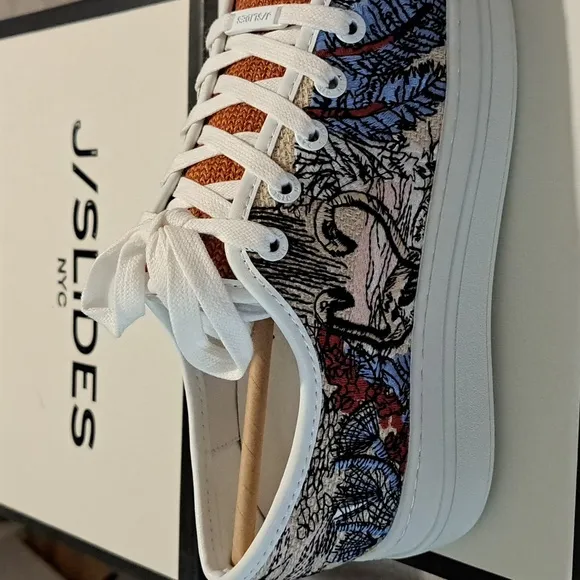 J/Slides Nikki Platform Sneaker Orange &amp; Blue Tropical Multi-Embroidered, Size 7
