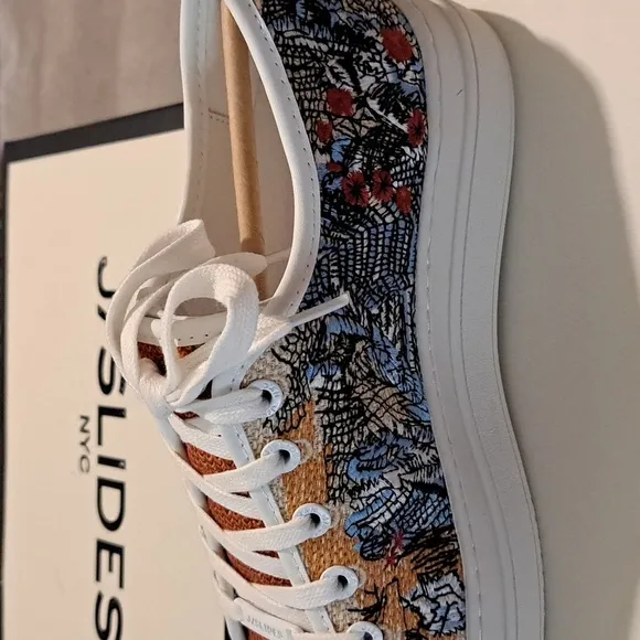 J/Slides Nikki Platform Sneaker Orange &amp; Blue Tropical Multi-Embroidered, Size 7