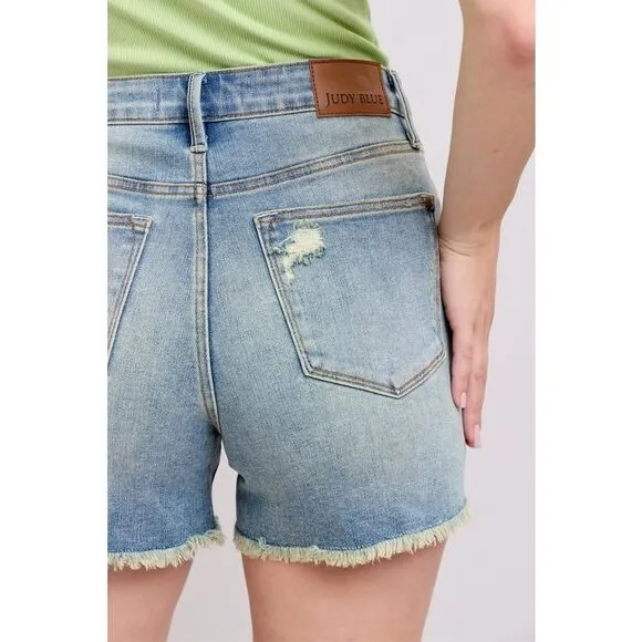 Judy Blue High Rise Washed Fly Stitch Detail and Destroy Denim Shorts