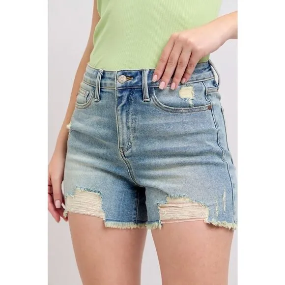 Judy Blue High Rise Washed Fly Stitch Detail and Destroy Denim Shorts