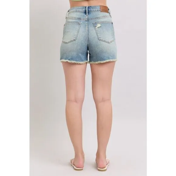 Judy Blue High Rise Washed Fly Stitch Detail and Destroy Denim Shorts