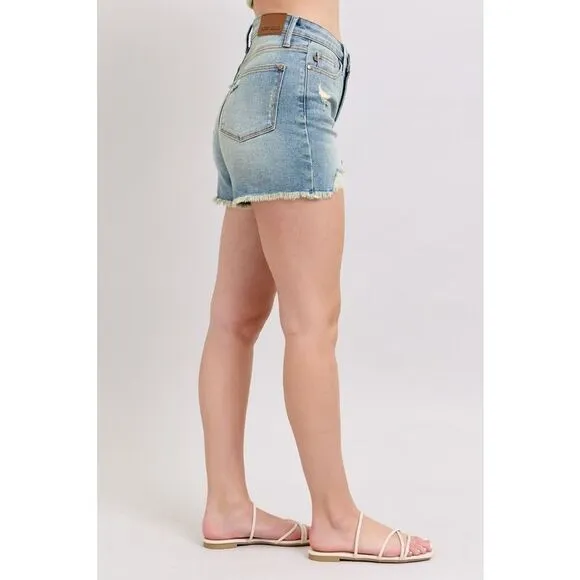 Judy Blue High Rise Washed Fly Stitch Detail and Destroy Denim Shorts