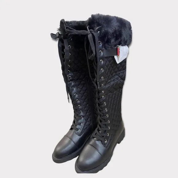 JustFab Kalima Quilted Flat Black Knee Height Boots Size 6 NIB
