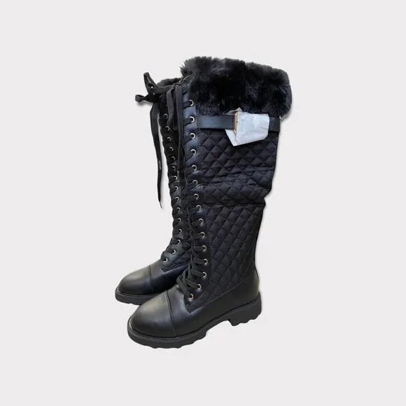 JustFab Kalima Quilted Flat Black Knee Height Boots Size 6 NIB