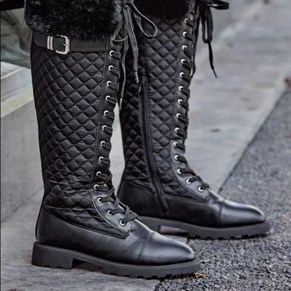 JustFab Kalima Quilted Flat Black Knee Height Boots Size 6 NIB