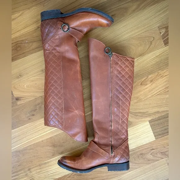 Justin | Women’s brown tall riding boots, quilted back, full zip, ankle strap, 7