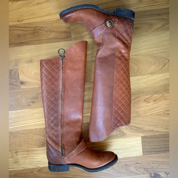Justin | Women’s brown tall riding boots, quilted back, full zip, ankle strap, 7