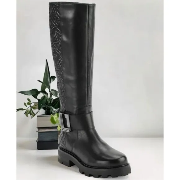 Karl Lagerfeld Paris Women's Black Meara Logo Quilted Knee High Boots NIB