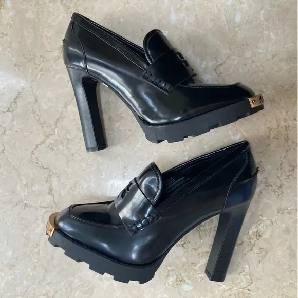 Karl Lagerfeld Virna Oxford Patent Leather Platform High Heel Penny Loafers, 6.5