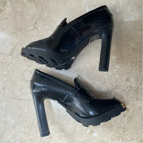 Karl Lagerfeld Virna Oxford Patent Leather Platform High Heel Penny Loafers, 6.5