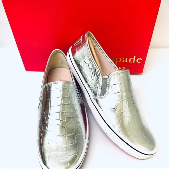Kate Spade Croc Embossed Silver Metallic Sneakers